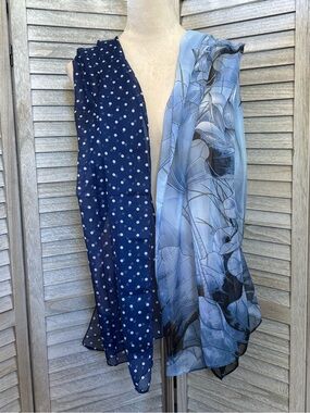BUNDLE SET (NWOT) Icy Blue Lotus Floral & Navy PolkaDot Chiffon Scarves Set of 2